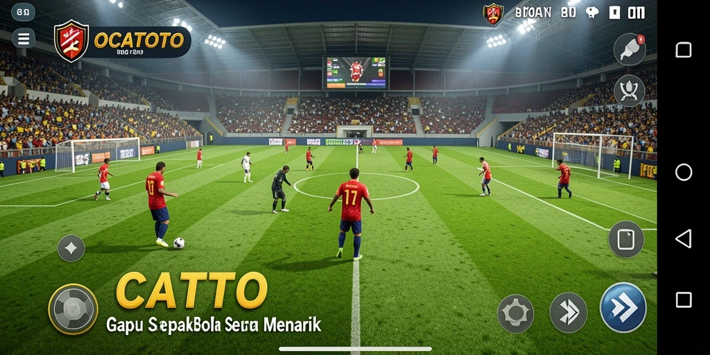 Screenshot gameplay OCATOTO menampilkan aksi seru di lapangan sepak bola.