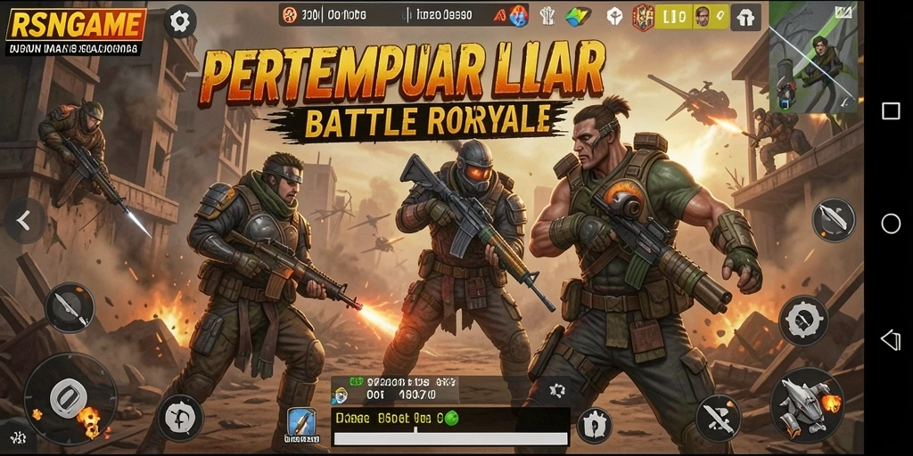 Screenshot gameplay RSNGAME menampilkan pertarungan intens dan strategi di arena Battle Royale.